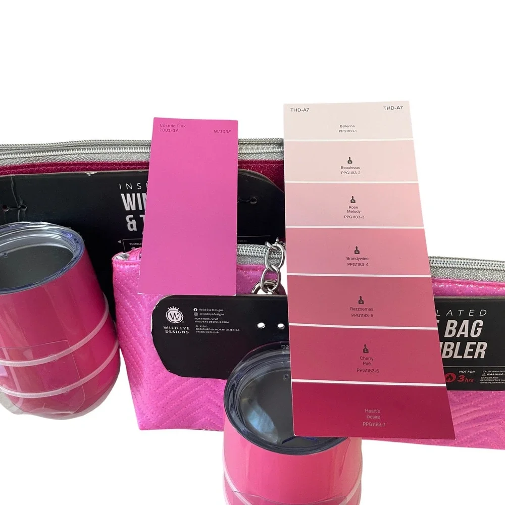 2 Wild Eye Designs Pink Glitter Insulated Wine Bag and 14oz Tumbler Sets New